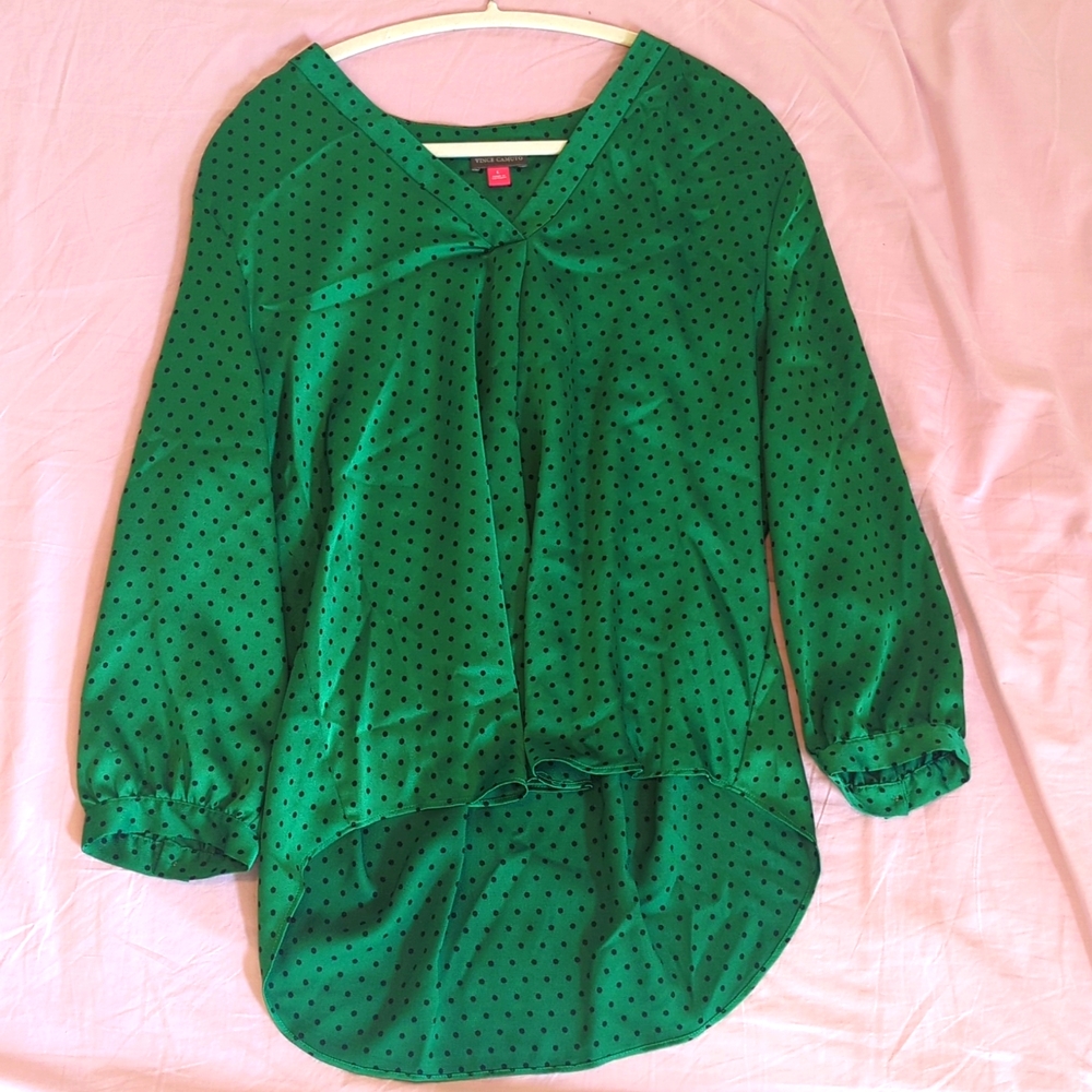 Vince Camuto V-neck Polkadot Green Blouse L